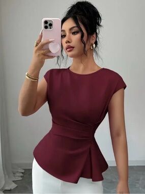 Sculpted Peplum Cap-Sleeve Top in Deep Maroon